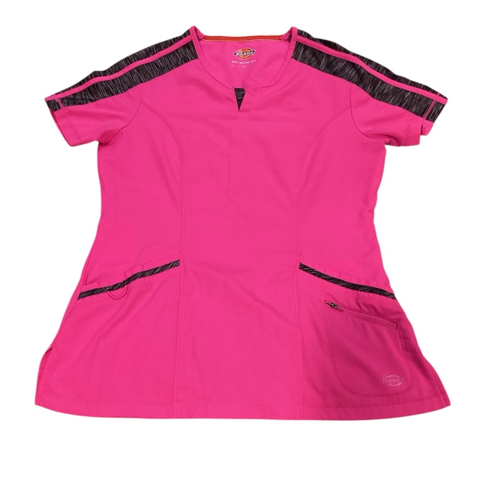 Dickies Women Hot Pink V Neck Scrub‎ Top XS Space Dye Trim Workwear
